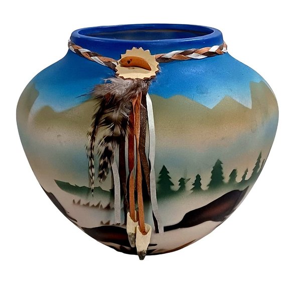 2 Native American Pottery Vases Dreamcatcher Buffalo Southwest Eagle Fea… - Picture 11 of 13